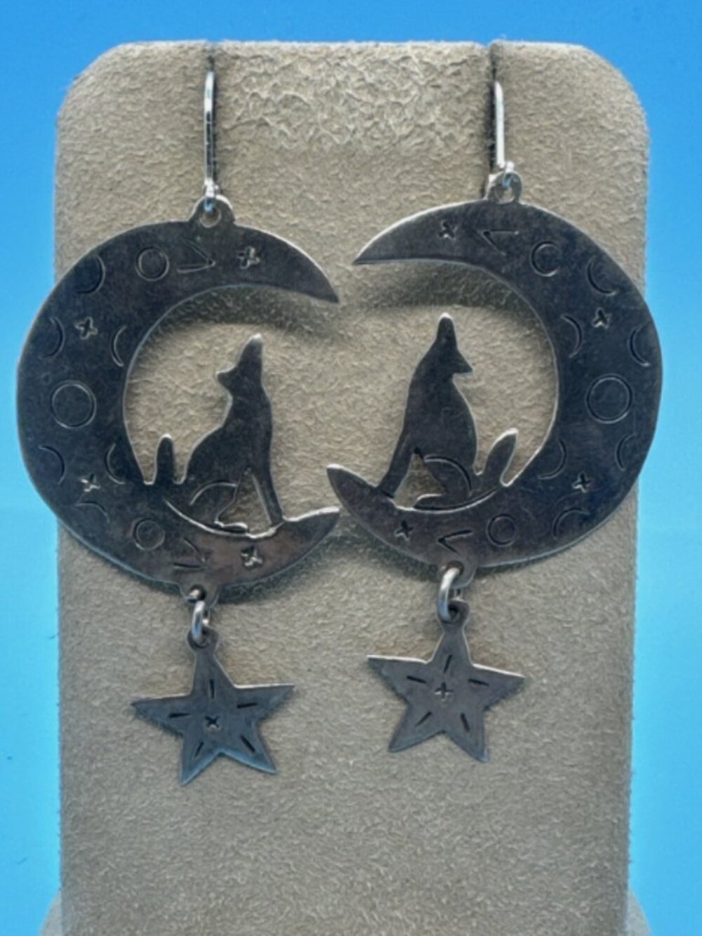 Vintage Sterling Silver Southwestern Coyote Moon Dangle Earrings .925 9.1g E3